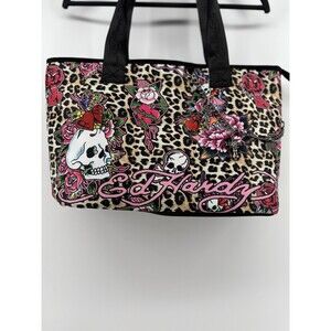 Ed Hardy Tote Bag Cheetah Print Skull Floral Cross Chain Accent Y2K
